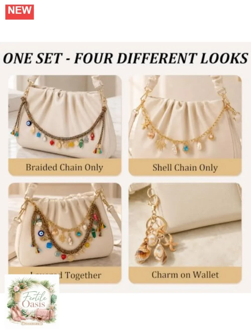 3 Pc Boho Beaded Bag Charm Set with Shell Charms and Gold Chain